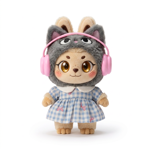 Cat Hood Gingham Dress Fits Labubu 15cm Plush