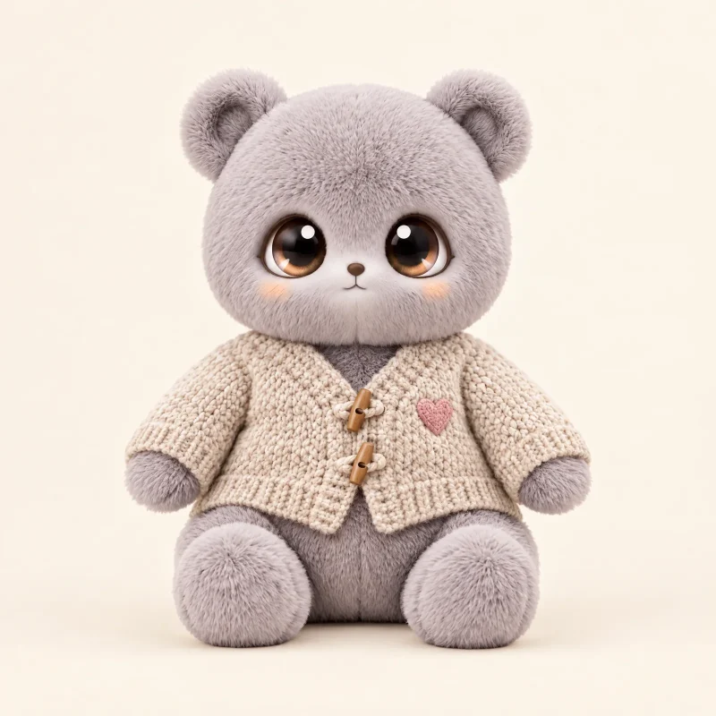 Bearer the teddy bear wearing his handmade oatmeal knitted cardigan with a pink heart