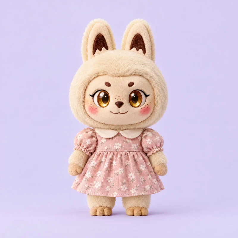 Fondi the bunny hood plush wearing a handmade blush floral tea dress with a rounded collar
