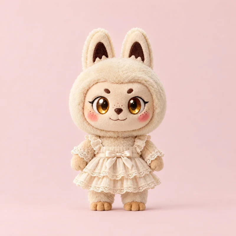 Fondi the bunny hood plush wearing a handmade cream lace ruffle dress with a satin bow