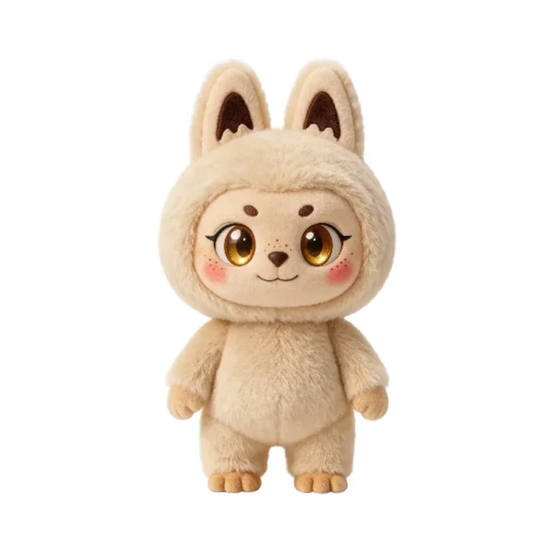 Fondi, a cream bunny hood plush Wish Carrier with golden eyes and rosy cheeks, on a white background